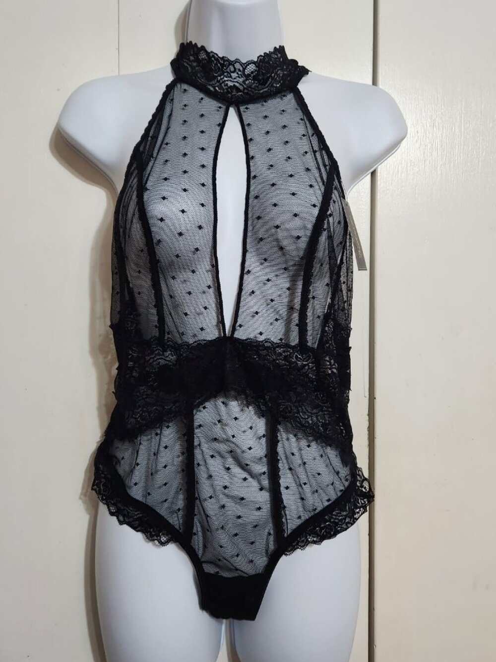NWT Frederick's of Hollywood Alexia Love Sheer Dot Mesh Teddy Bodysuit Size L